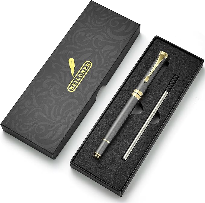 BEILUNER Ballpoint Pens, Stunning Grey Chrome Metal Pen with Golden Trim, Fancy Ball Pen Gift Set for Men & Women, Professional, Executive, Office,Journal Pens-Gift Box with 0.5mm Black Extra Refill