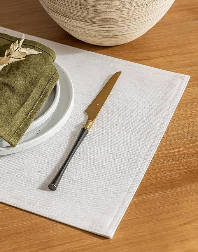 Set of 8 Cream Linen Placemats Table Placement Mats Plate Coasters for Dining Table Water Repellent Rectangular Farmhouse Modern 12x18 Inch