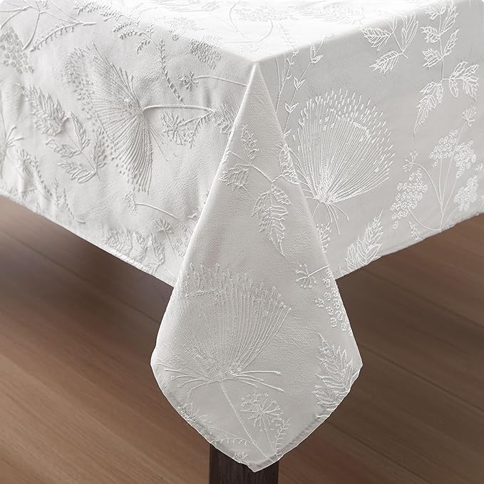 Laura Ashley Tablecloth Raised Woven Embroidered Jacquard Fabric, Wrinkle Resistant for Dining, Holiday, Party, Wedding or Banquet, 60" x 102", Cynthia Beige