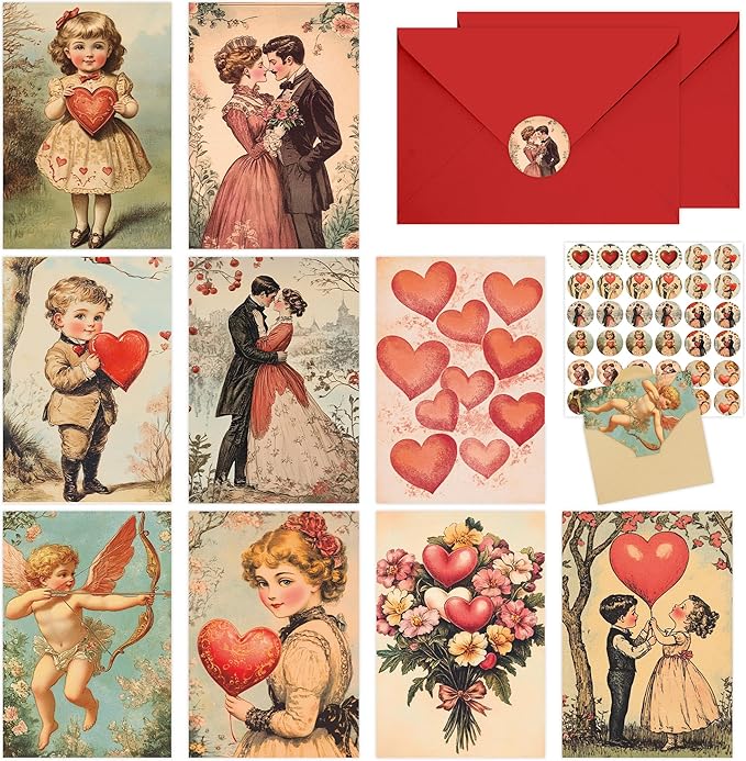 Vintage Valentines Day Cards, 36 Pcs Retro Valentine Postcards for Her Him with Envelopes and Stickers, Classic Romantic Greeting Cards for girlsfriend menfriend Wife Husband Gift Exchange