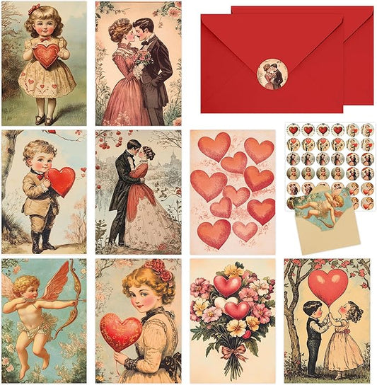 Vintage Valentines Day Cards, 36 Pcs Retro Valentine Postcards for Her Him with Envelopes and Stickers, Classic Romantic Greeting Cards for girlsfriend menfriend Wife Husband Gift Exchange