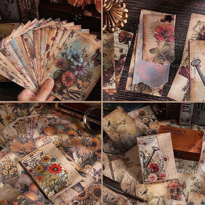 Vintage Old Looking Garden Flower Scrapbook Paper - 180 Sheets Cottagecore Floral Botanical Journaling Scrapbook Supplies Craft Paper Ephemera for Letter Writing,Poster,Planners