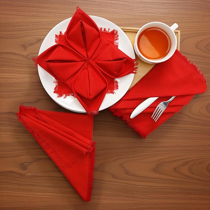 Christmas Dinner Napkins, Beautiful Handmade Fringe Red Cloth Napkins Set of 12 Washable and Reusable, Perfect for Dining, Weddings, Holiday & Everyday Use - 18x18 Inch Red