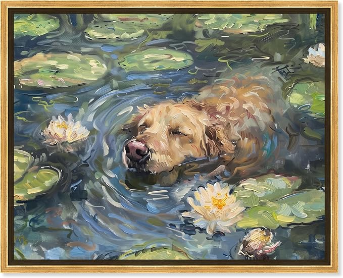 Art Remedy Monet Water Lilies Dog Rustic Chic Farmhouse Canvas Wall Art, Gold Floater Frame, 30"x24"