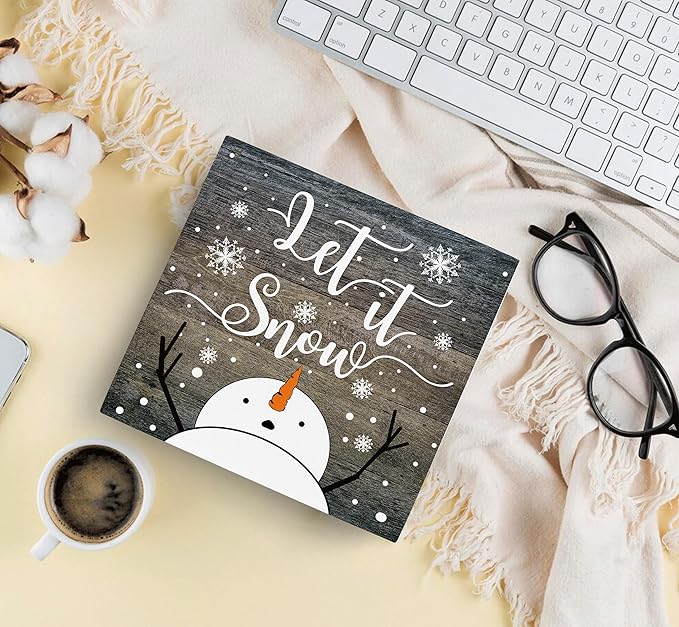 SRADMO Let It Snow Christmas Wooden Sign Desk Decor, Snowman Christmas Decor, Rustic Winter Snowflake Wood Block Signs for Home Office Xmas Party Holiday Desk Table Shelf Decorations, 8x8 Inches