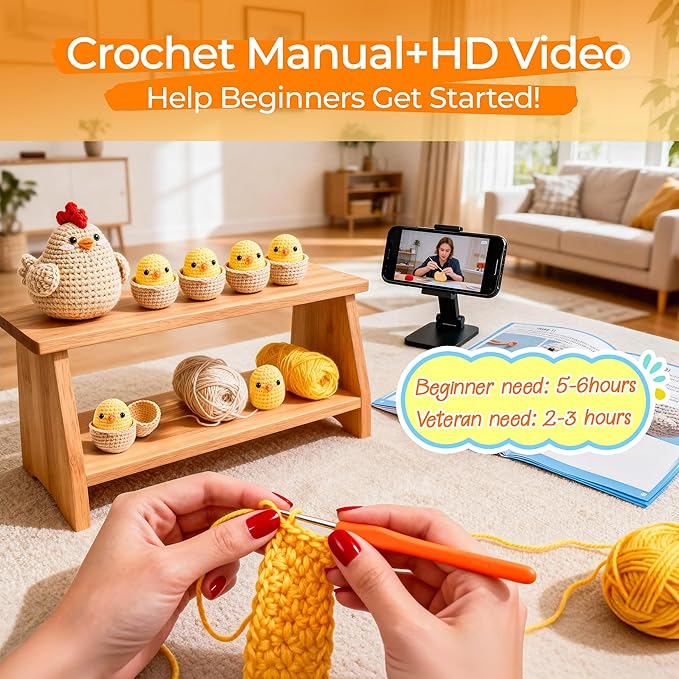 Joyclub 4 Pcs Crochet Kit for Beginners Crochet Starter Kits for Adults and Kids Great Birthday Gifts for Crocheting Lovers with Step by Step Video Amigurumi Chicken Family Knitting Kit DIY Craft