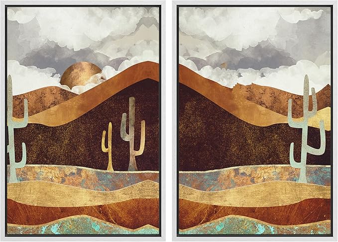 SIGNWIN Framed Canvas Print Wall Art Set Geometric Granite Desert Cactus Landscape Nature Wilderness Illustrations Modern Art Scenic Colorful for Living Room, Bedroom, Office - 24"x36"x2 White