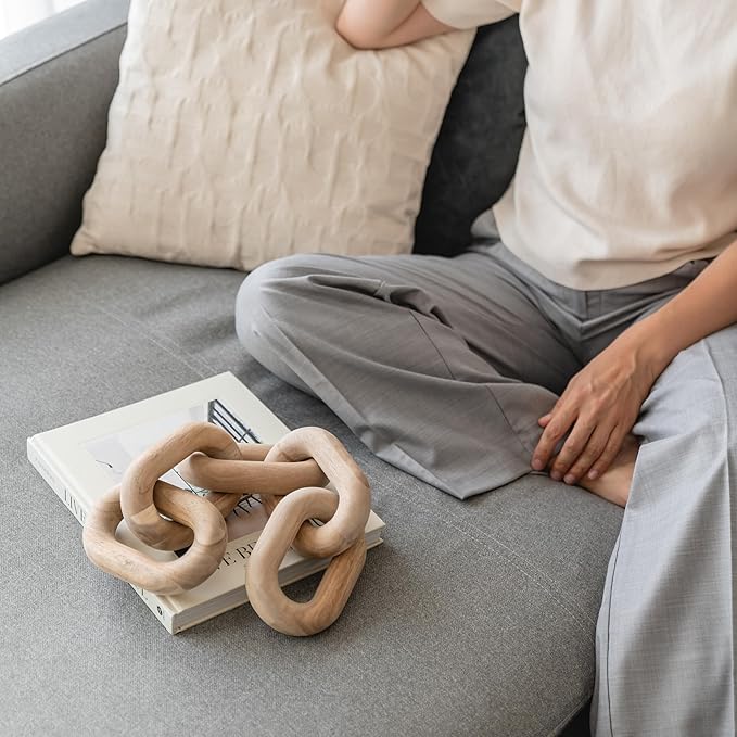 PEAKOLY Book Shelf Decor Items - Acacia Wood Chain Link Decor, Coffee Table Accessories, Bookshelf Decors, Sculpture for Shelves, Wooden Decorative Objects, Link Ornament, Living Room Accents