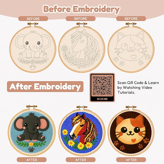 TEKWAVE Punch Needle Kit for Adults Beginners Little Elephant Design, Step-by-Step Video Pre-Printed Pattern and Written Instructions, DIY Embroidery Set with Yarn, Fabric, Hoop for Home Decor Crafts