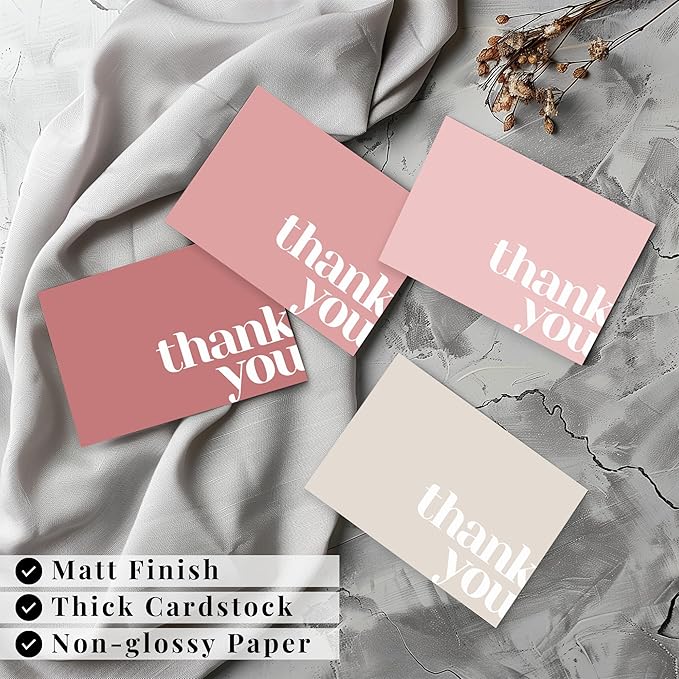 Paper Play Thank You Cards Bulk Pack of 40 Pink, 5x3.5 Inches with Matching Stickers & Envelopes, Minimalistic Design Suitable for Business, Baby Shower, Wedding, Small Business, Graduation, Funeral