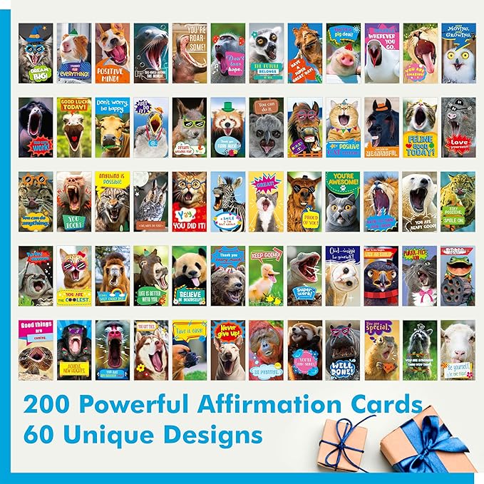 Gethelud 200 PCS Fun Animal Motivational Cards, 60 Designs Encouragement Inspirational Cards Funny Note Card, Positive Affirmation Card for Students Adults Kids (2” x 3.5”)
