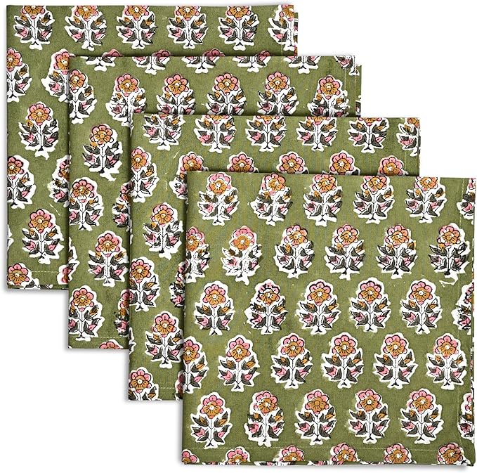 CPC Cloth Napkins 100% Cotton Set of 4 Reusable Napkins, Indian Block Print Toile Floral Dinner Napkin, Fall Thanksgiving Christmas Holiday Party Gift - Soft Absorbent Napkin, 18"x18" Jade Green
