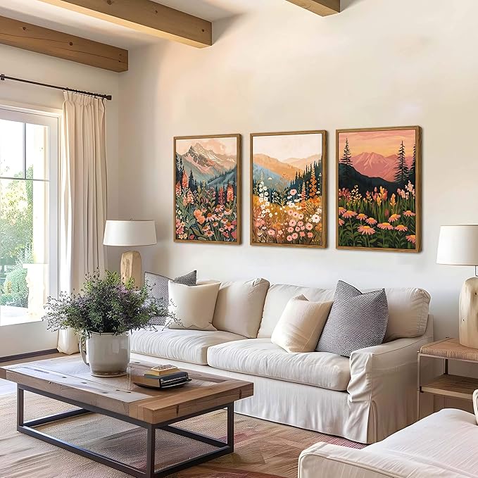 Floating Framed Large Boho Colorful Mountain Wall Art Set of 3, Vintage Wildflower Landscape Canvas Wall Decor Paintings, Nature Floral Forest Posters Pictures Prints for Living Room 16x24 Inch