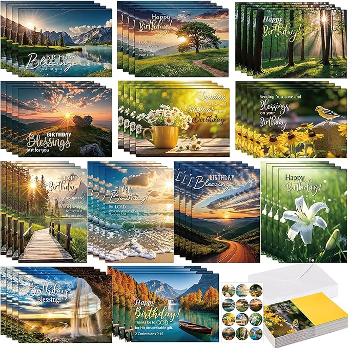 48 Pack Religious Christian Birthday Cards Bulk with Scripture Assorted Bible Verse 4.5 x 6.2 Inch Christian Blessings Birthday Greeting Cards with Envelopes and Stickers (Landscape Style)