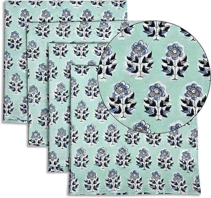 CPC Cloth Napkins 100% Cotton Set of 4 Reusable Napkins, Indian Block Print Toile Floral Dinner Napkin, Fall Thanksgiving Christmas Holiday Party Gift - Soft Absorbent Napkin, 18"x18" Poppy Blue