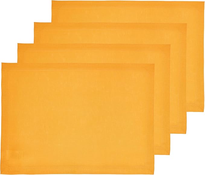 Solino Home Linen Cloth Placemats Set of 4-100% Pure Linen Tangerine Yellow Placemats 14 x 19 Inch for Spring - Fete