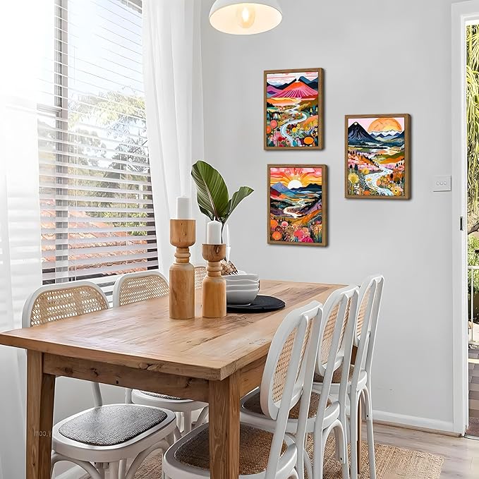 Wood Frame Boho Colorful Wall Art, Set of 3 Abstract Watercolor Mountain Landscape Wall Decor Painting, Modern Flower Aesthetic Posters Prints for Living Room Bathroom Bedroom 12x16In Framed