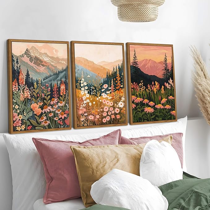 Floating Framed Large Boho Colorful Mountain Wall Art Set of 3, Vintage Wildflower Landscape Canvas Wall Decor Paintings, Nature Floral Forest Posters Pictures Prints for Living Room 16x24 Inch