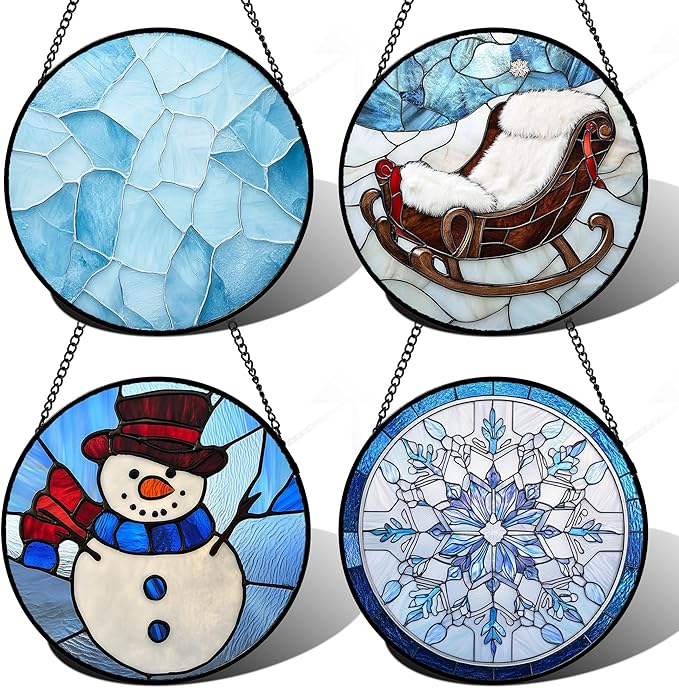 Stained Glass Window Hanging 4 Pcs Set Blue White Christmas Snowman Snowflake Large 11.8" - Suncatcher Door Garden Sun Catcher Decor Birthday Mother's Day Xmas Gifts for Mom Woman Nana Men
