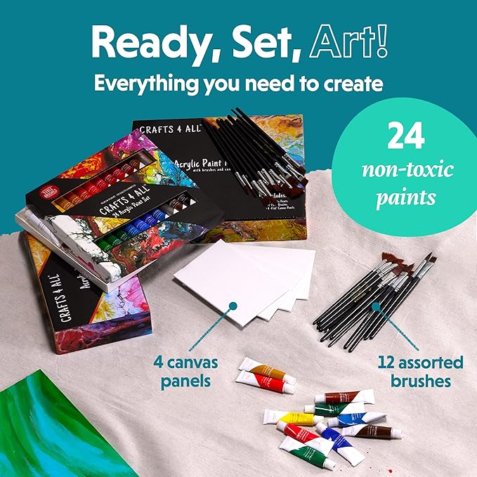 Acrylic Paint Set for Adults and Kids - 24 Pack of 12mL Paints with 12 Art Brushes & 4 Canvases, Non-Toxic Craft Paint for Easter Eggs, Ceramic Rock Paint - Art Supplies