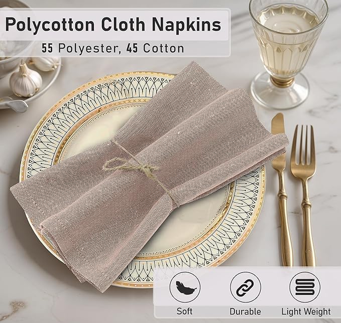 Ruvanti Cloth Napkins Set of 6, 18x18 Reusable Napkins Cloth Washable, Soft & Durable Table Napkin, Poly Cotton Fabric Dinner Napkins for Parties, Christmas, Thanksgiving, Weddings - Sand