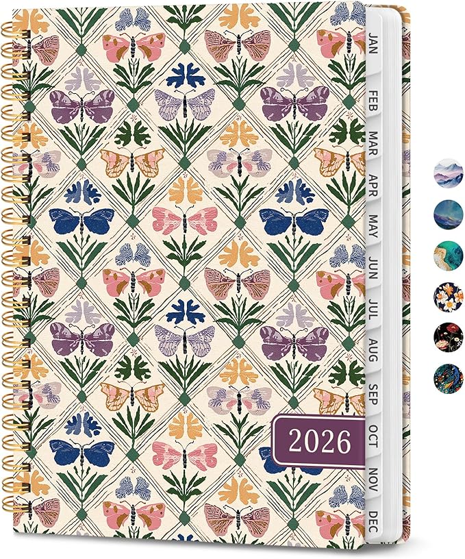2026 Planner, Monthly and Weekly Calendar Planner for Women, Jan 2026 - Dec 2026, Hardcover Pretty 2026 Agenda Planner Book with Tabs, Spiral Bound, Perfect for School Office Home Supplies, 6.3" x 8.5" - Butterfly Patchwork
