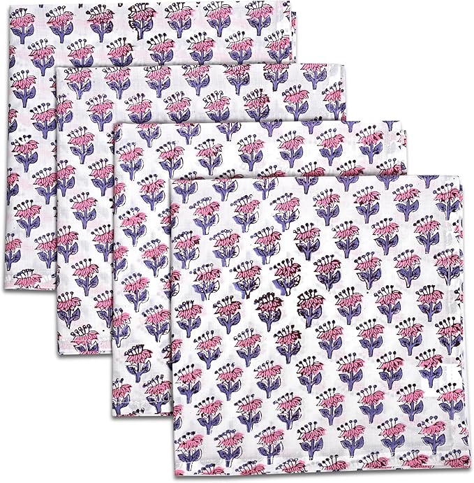 CPC Cloth Napkins 100% Cotton Set of 4 Reusable Napkins, Indian Block Print Toile Floral Dinner Napkin, Fall Thanksgiving Christmas Holiday Party Gift - Soft Absorbent Napkin, 18"x18" Pink Sapphire