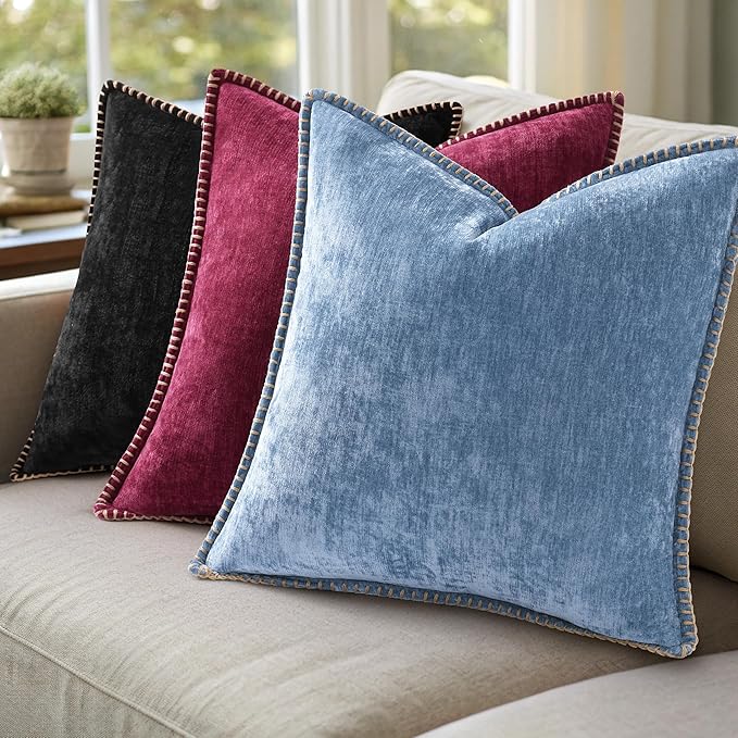 decorUhome Spring Chenille Soft Throw Pillow Covers 24x24 Set of 2, Farmhouse Velvet Neutral Decorative Euro Sham Pillow Covers with Stitched Edge for Couch Sofa Bed Home Decor, Rhododendron