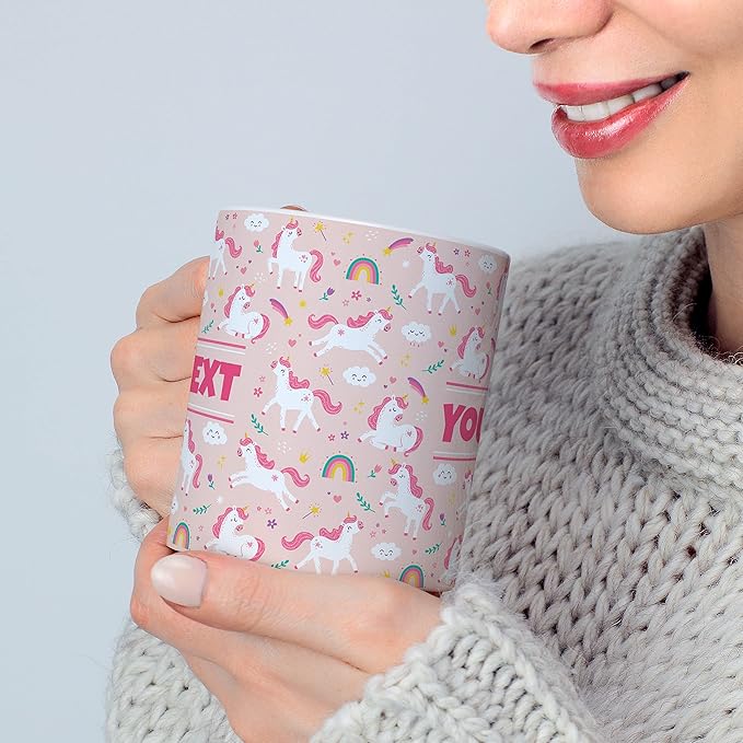 Personalized Mug for Kids - Pink Unicorn - Custom Name/Text, Ceramic Hot Chocolate/Cocoa/Coffee Cup for Girls, Birthday/Christmas/Holiday Gift - 15 oz, Light Blue Handle