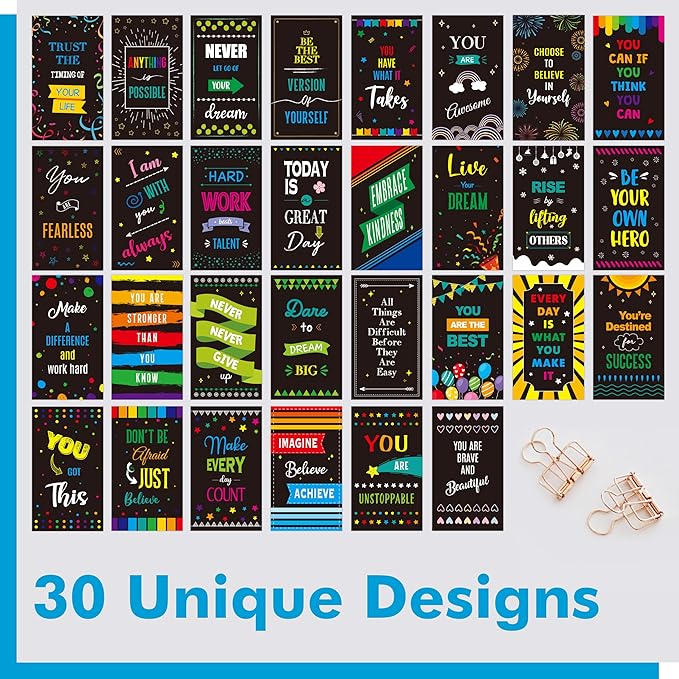 Gethelud 120 PCS Motivational Cards, 30 Designs Inspirational Cards with PET Film for Primary Middle High Reading Students, Book Lovers (2” x 3.5”)