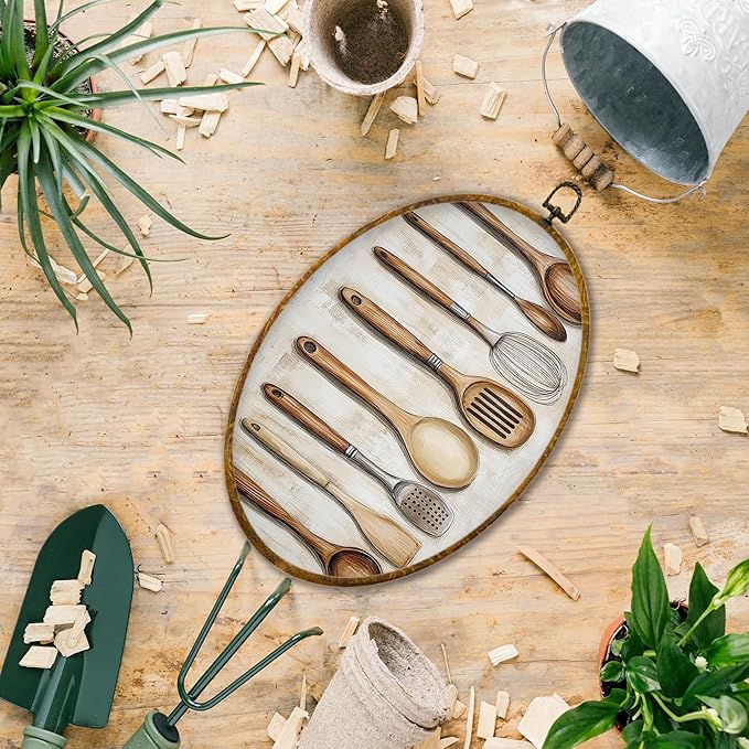 Hiuwevt Vintage Rustic Kitchen Utensil Oval Wall Art Decor, Cooking Tools Country Hanging Framed Canvas Prints, Cottagecore Round Wall Hanging Decor for Bedroom Home Decorations, 8.6x11.4 Inches