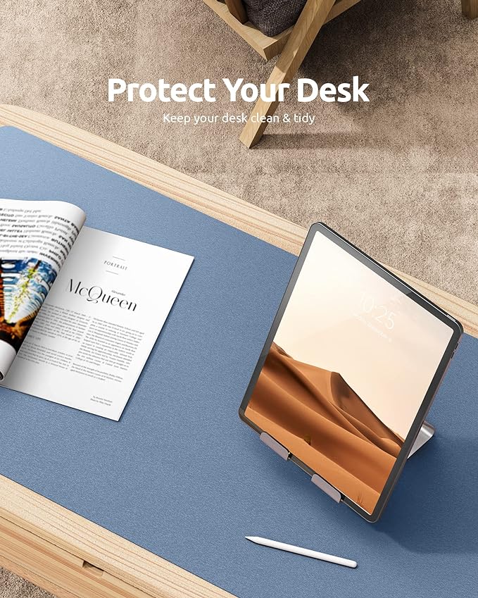 YSAGi Leather Desk Protector, Office Mat, Large Mouse Pad, Non-Slip PU Leather Blotter, Laptop Desk, Waterproof Writing Pad for Office and Home (Blue, 31.5" x 15.8")