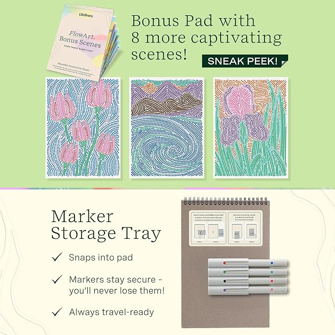Lifelines FlowArt Activity Pad, 2-Pack & Bonus Pad - Guided Dot-by-Letter Art Meditations with Markers - Color by Number/Letter Coloring Books for Tweens, Adults & Seniors