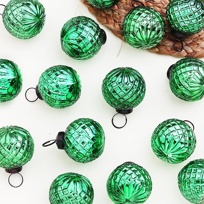 IndianShelf 12 Vintage Murcury Glass Christmas Ornaments Unique Green Large Ornaments for Christmas Tree, Halloween, New Year, Valentine Day, Holidays, Event & Wedding Party Decor-2 Inch