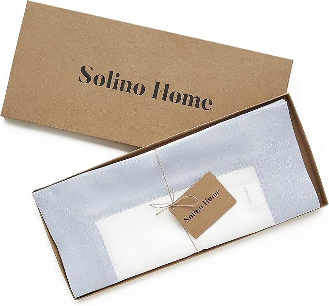 Solino Home Linen Table Runner 120 Inches Long - 100% Pure Linen Light Blue and White Dining Table Runner 14 x 120 Inch for Winter, Spring, Easter - Contempo