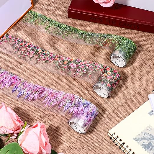 Floral Washi Tape, 3 Rolls Washi Tape Stickers, Pet Decorative Tapes Stickers, 50mm Wide Self Adhesive Green Leaf Rose Vine for Scrapbook Journal Craft