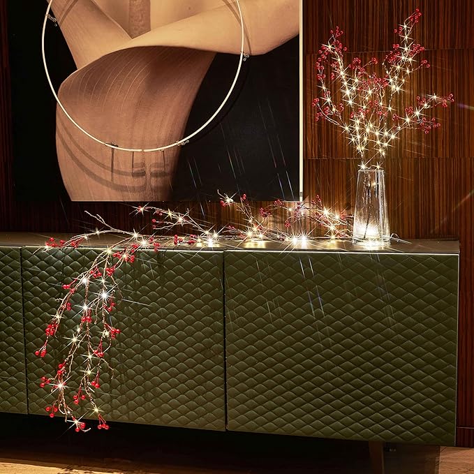 Hairui Red Berry Branches with Lights 32IN Battery Operated and USB Plug in, Lighted Willow Branches with Timer 80 LED Fairy Lights for Home Christmas Decoration Inside