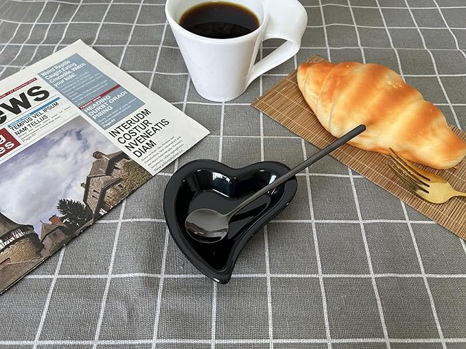 Coffee & Tea Spoon and Rest Set for Coffee Bar Accessories, Heart Cute Mini & Small Coffee Spoon Rest & Holder for Coffee Station & Bar, Teaspoon Rest & Holder (Black Rest with Black Spoon*2)