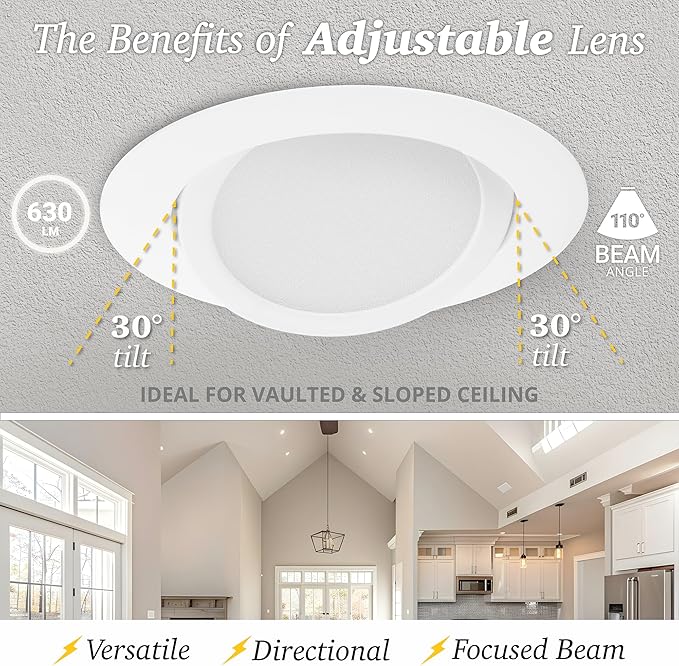 NUWATT 4 Inch Gimbal LED Recessed Lighting, 5CCT 2700K/3000K/3500K/4000K/5000K Selectable, 630 Lumen, Dimmable, Adjustable Canless Eyeball Lights for Sloped Ceilings, Metal Junction Box, 6 Pack