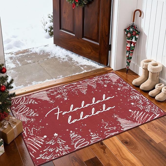 JINCHAN Deck the Halls Christmas Rug 2x3 for Entryway Washable Christmas Tree Kitchen Rug Red Xmas Doormat Non-Slip Soft Small Carpet Winter Festive Holiday Decor for Front Door Bathroom Porch Bedside