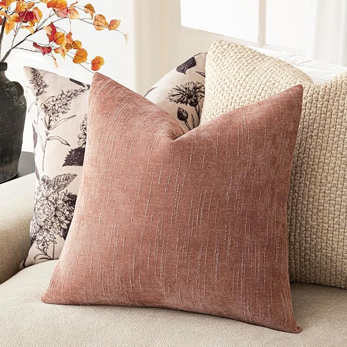Foindtower Pack of 2 Textured Chenille Throw Decorative Pillow Covers Square Accent Solid Cushion Cover Neutral Farmhouse Pillow Case for Couch Sofa Bedroom Living Room 26x26 Inch,Dusty Pink