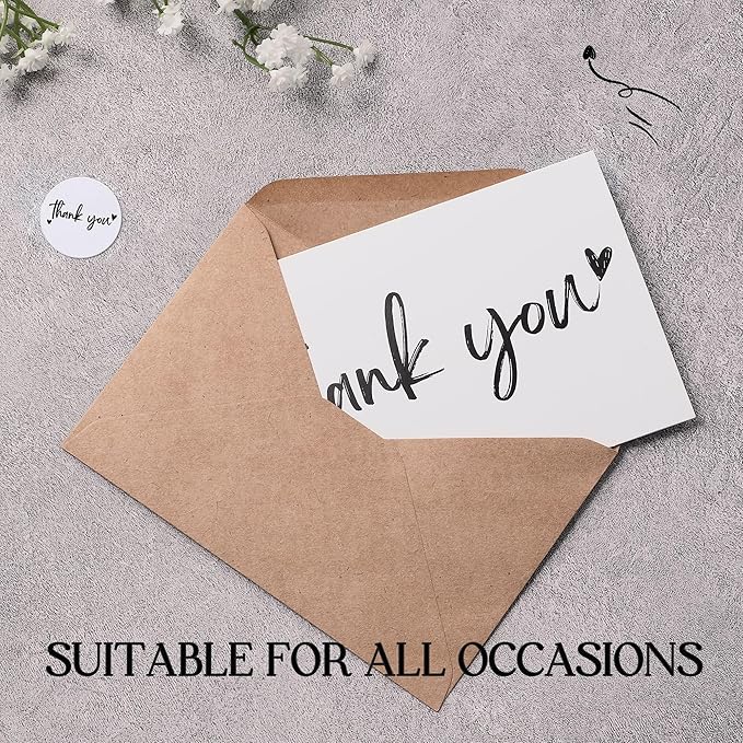 100 Thank You Cards 4x6 Inch, with 100 Kraft Envelopes and 120 Stickers, Minimalistic and Professional Looking for Business Wedding Graduation Baby Shower Bridal Shower