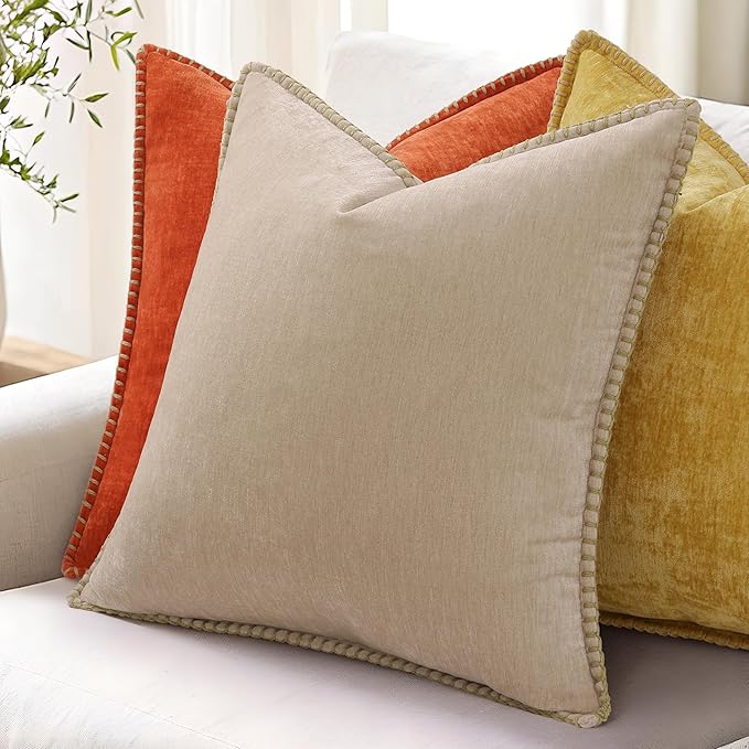 decorUhome Spring Chenille Soft Throw Pillow Covers 20x20 Set of 2, Farmhouse Velvet Neutral Decorative Pillow Covers with Stitched Edge for Couch Sofa Bed Home Decor, Beige