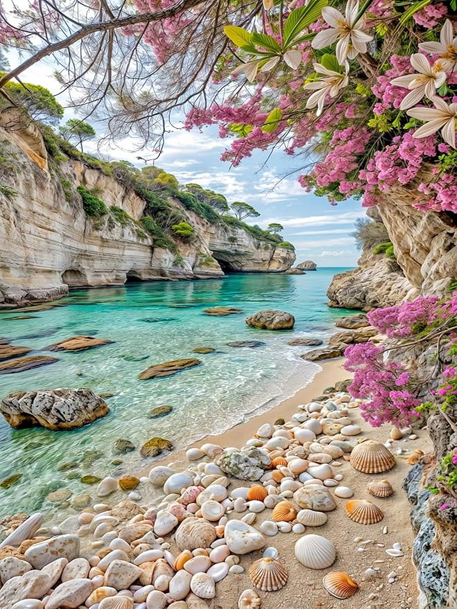 GXGLLPZBY Painting by Numbers for Adults Beginner,Sea Beach Flower Cliff Adult Paint by Number Kits on Canvas,DIY Oil Acrylic Number Painting Kit Home Wall Decor 15.7X19.7 inch