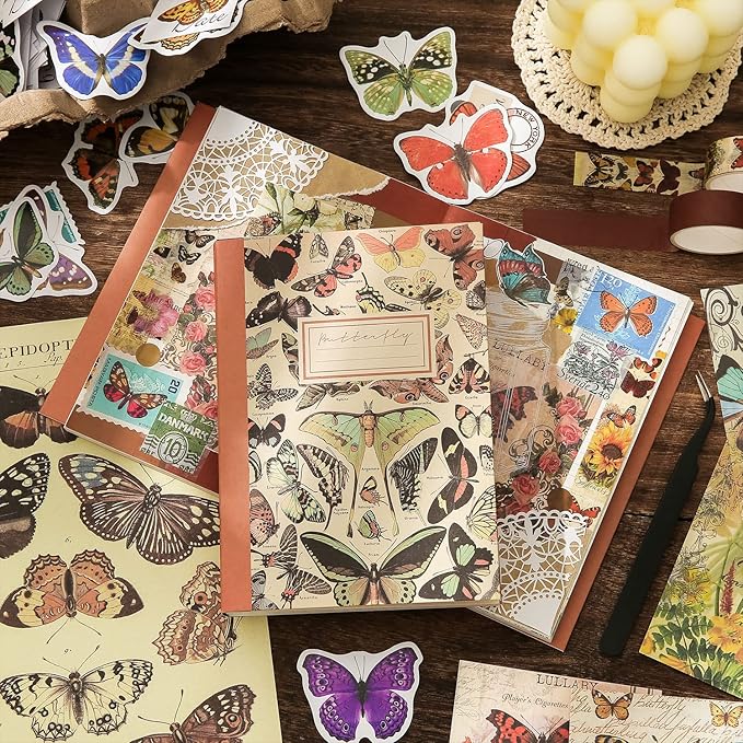 emmoolife Vintage Aesthetic Scrapbooking Supplies Kit, Butterfly Junk Journal Scrapbook Kit with Journaling Supplies, A6 Grid Notebook, Stationery, Birthday Craft Gift Set for Teen Girl Kid Women