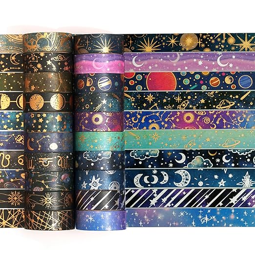 YUBBAEX 20 Rolls Galaxy Washi Tape Set Constellations Arts Masking Tape Gold-Foil Starry Night Designs Decorative for DIY Crafts, Bullet Journal Supplies, Planners, Scrapbook, Card/Gift Wrapping