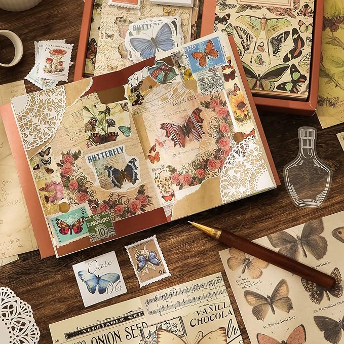 emmoolife Vintage Aesthetic Scrapbooking Supplies Kit, Butterfly Junk Journal Scrapbook Kit with Journaling Supplies, A6 Grid Notebook, Stationery, Birthday Craft Gift Set for Teen Girl Kid Women