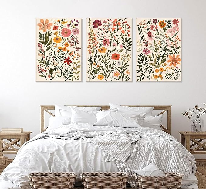 3Pcs Colorful Wildflower Canvas Wall Art Boho Floral Posters Botanical Prints Flowers Painting Wildflower Nursery Pictures Wall Decor for Living Room Bedroom Framed