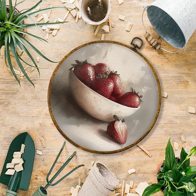 Hiuwevt Vintage Moody Strawberry Round Wall Art Decor, Dark Academia Strawberry Framed Canvas Prints, Farmhouse Rustic Fruit Round Wall Hanging Decor for Kitchen Home Bedroom Decorations, 10x10 Inches