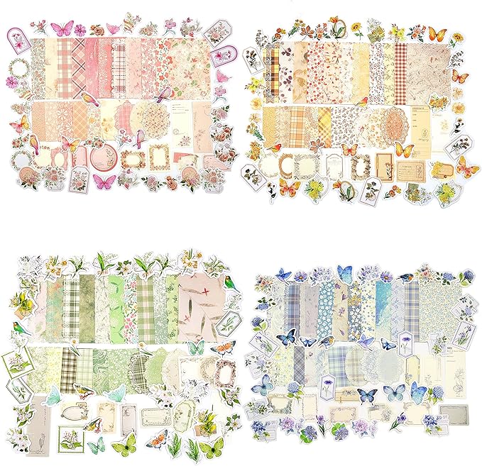 Vintage Floral Scrapbook Paper & Journaling Stickers (400pcs) Assorted Set - 4 Pack Junk Journal Supplies for Bullet Journaling, Retro Crafts, Planner, Mixed Media, Collage Card Album
